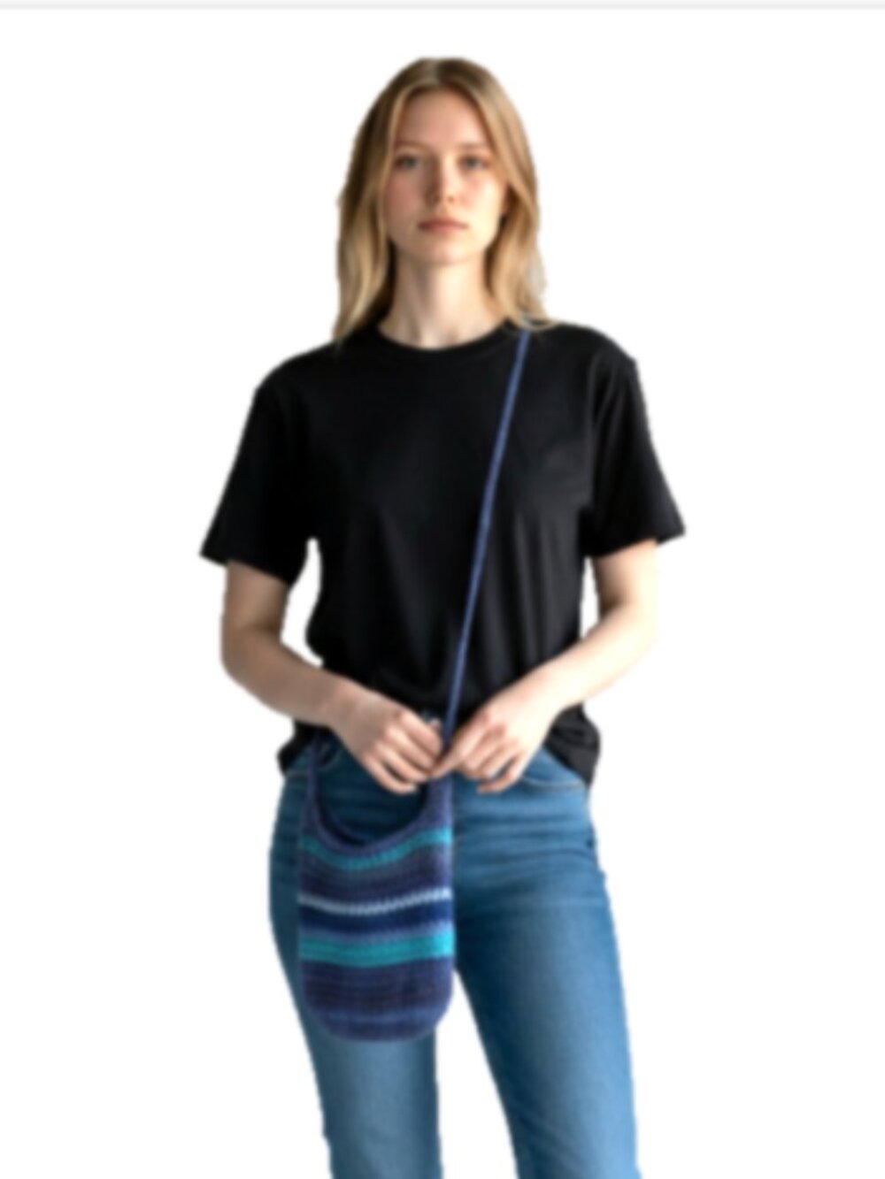 The Sak Crochet Crossbody Bag Blue Green Stripe Knit Shoulder Purse Boho Casual